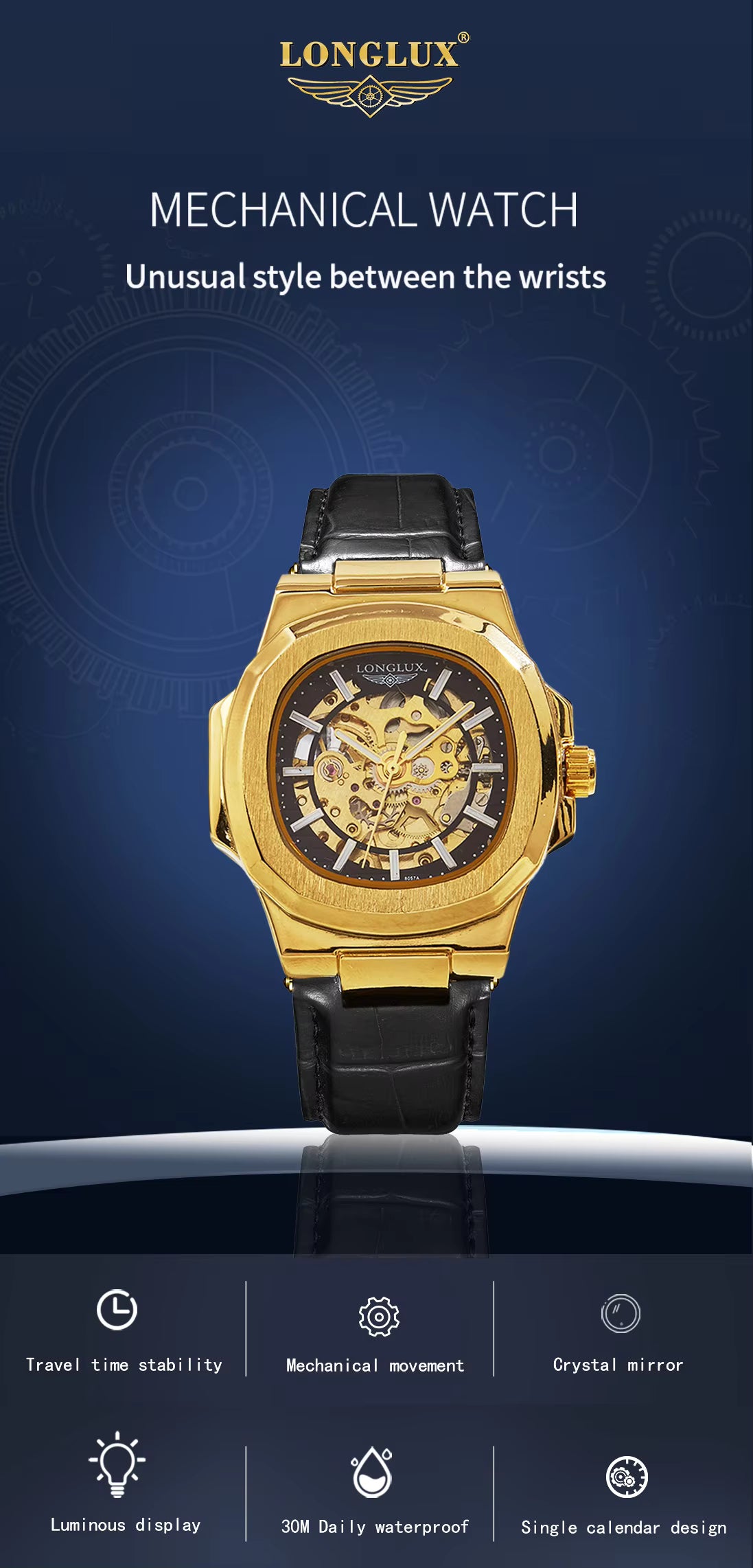 Zori Gems LONGLUX Men's Automatic Mechanical Skeleton Watch